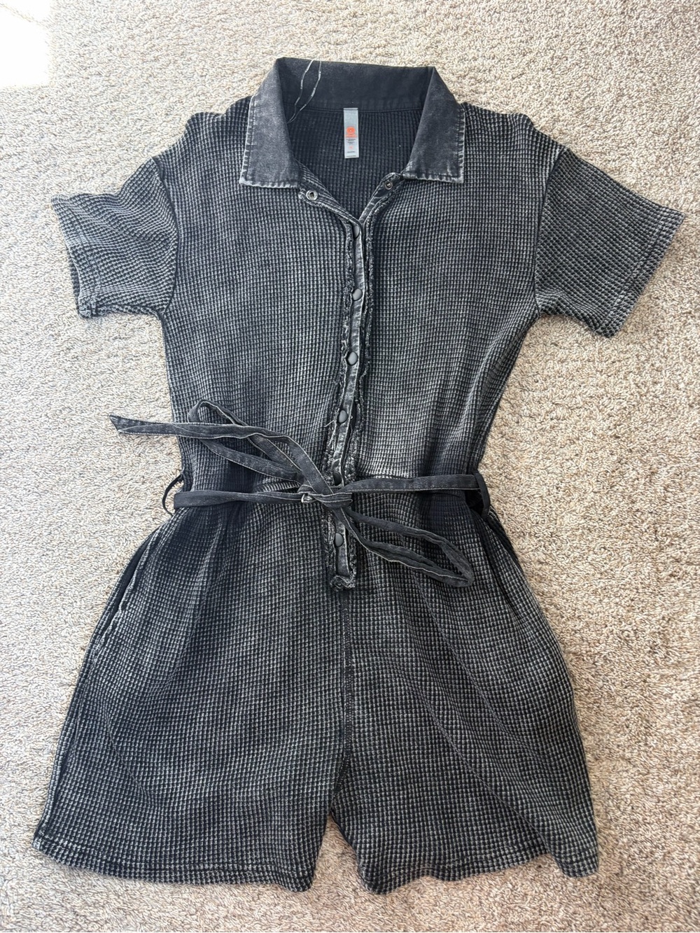 Mono B Washed Black Short Sleeve Button Romper